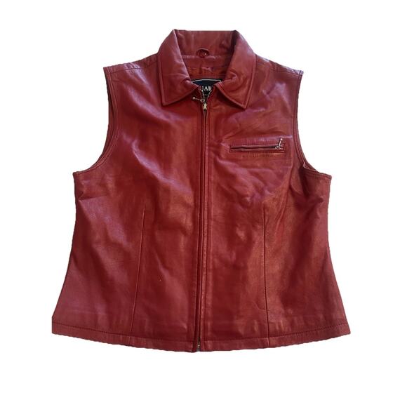Women's Vintage Y2k Saguaro Red Leather Zip Up Lined Biker Vest Jacket Sz Large - Picture 1 of 14